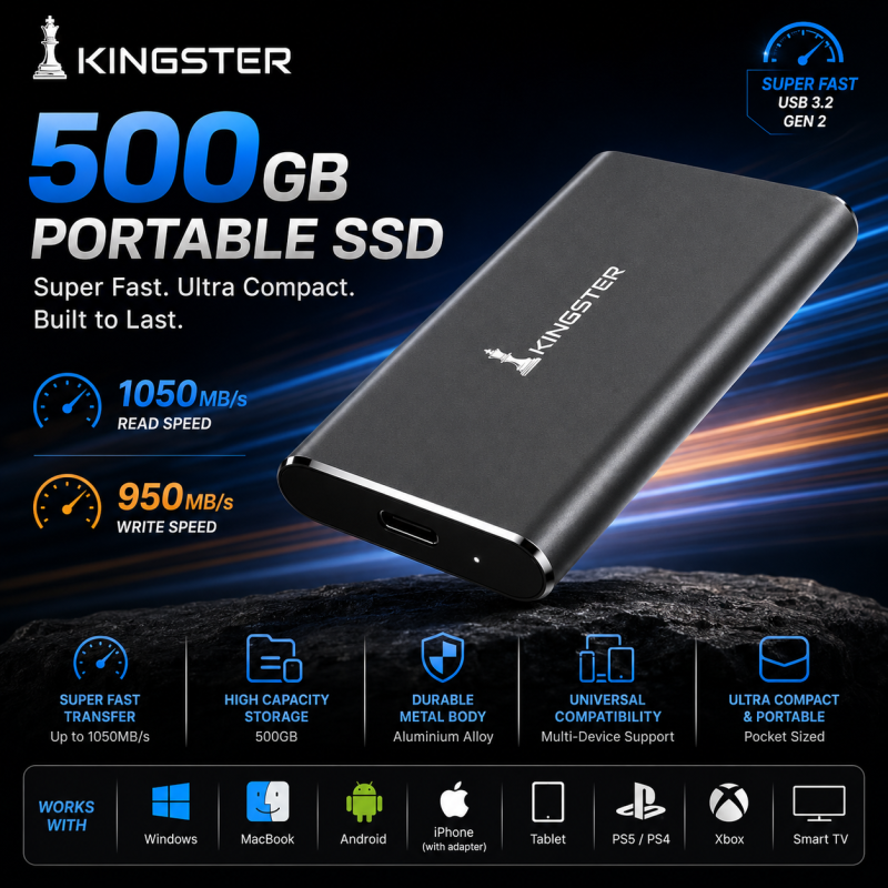 KINGSTER® Apex Pro Ultra-Fast Portable NVMe SSD — 1050MB/s (USB 3.2 Gen 2)